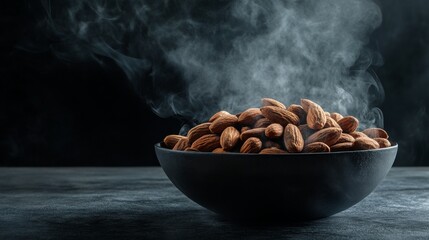A bowl of steaming almonds on a dark background.