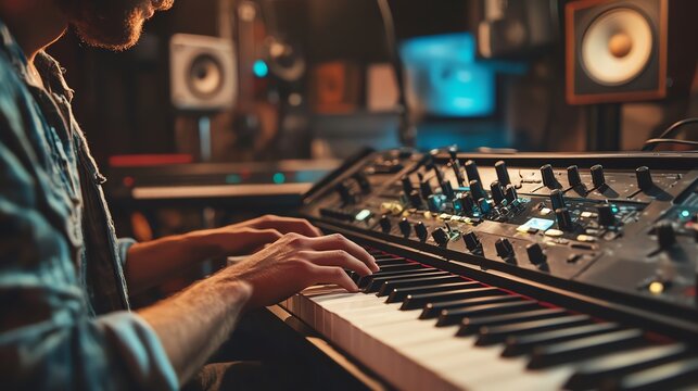 Musician playing synthesizer in studio
