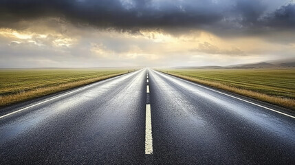 Fototapeta premium Wet Green Fields and Rain-Kissed Road Under Dark Clouds