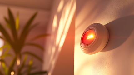 A White Circular Alarm Clock with a Red Display Shows 6:00 AM in a Room with a Plant in the Background