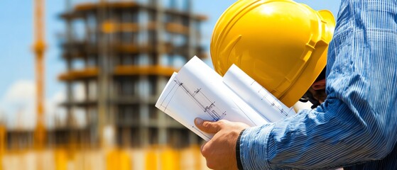 Worker with plans at construction site