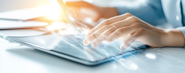 Close-up of hands using a tablet with a soft glow, symbolizing modern technology and digital interaction.