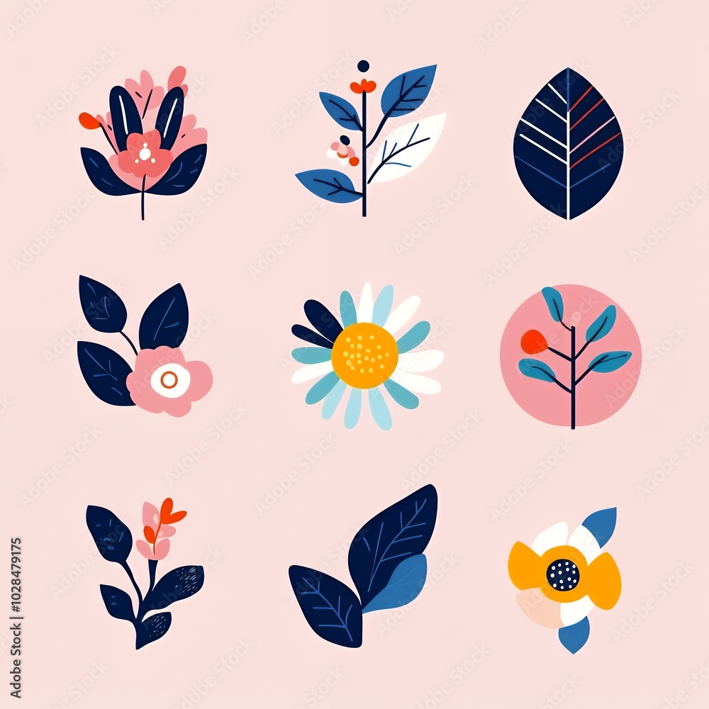 Poster Colorful floral illustrations on a pink background.