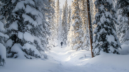 A snowboarder descending through deep powder snow surrounded by tall snow-laden trees.
