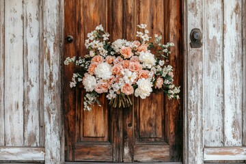 A beautiful arrangement of peach and white flowers adorns a rustic wooden door, creating a warm and inviting ambiance.
