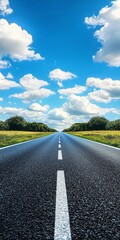 A long, empty road stretches into the distance under a bright blue sky filled with fluffy white clouds.