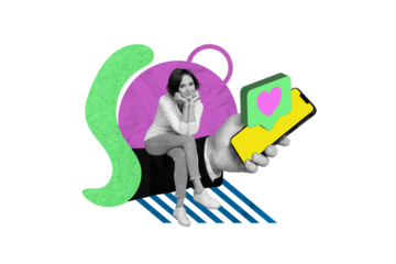 3d retro abstract creative artwork template collage of hand hold device gadget screen heart icon notification thinking young female smm