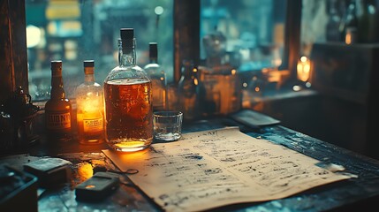 A vintage glass bottle with a cork stopper sits on a wooden table with a rolled up blueprint and other glass bottles.
