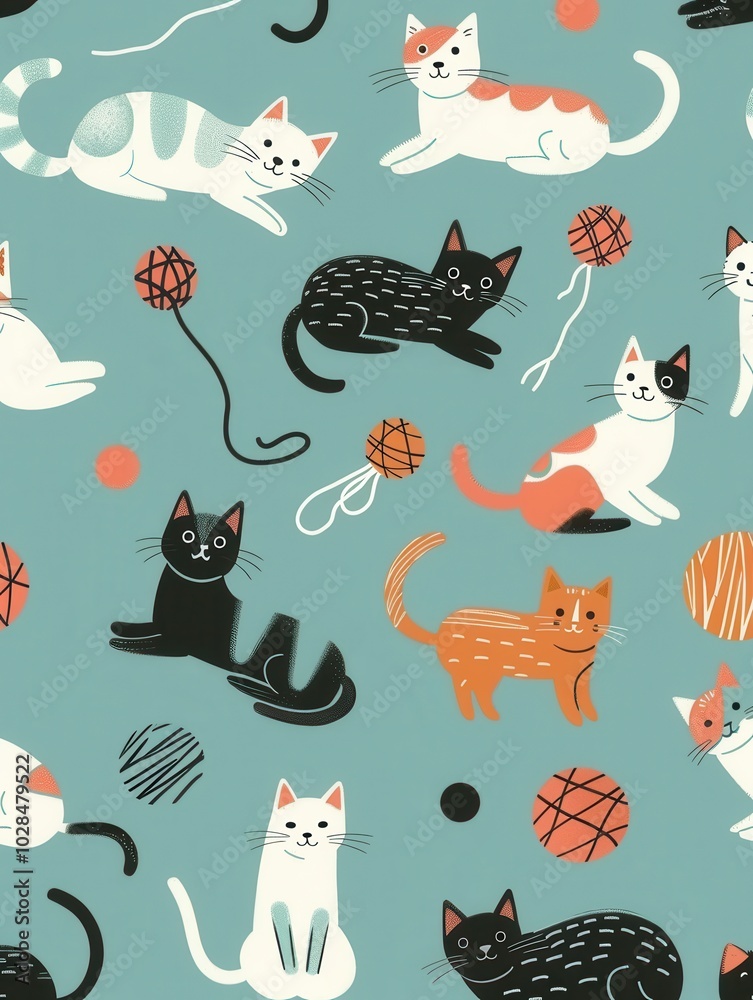 Poster a group of cats engages in playful activities with balls and yarn on a vibrant patterned surface, sh