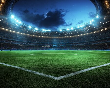A dramatic view of a large soccer stadium at dusk, showcasing illuminated grandstands and a vibrant green field.