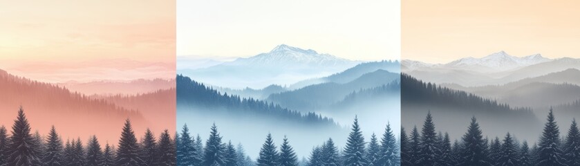 Serene landscapes, tranquil beauty of trees and mountains in three picturesque scenes