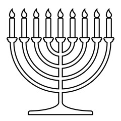 Hanukkah menorah, black and white vector silhouette illustration of hanukkiah nine-branched candelabrum with candles