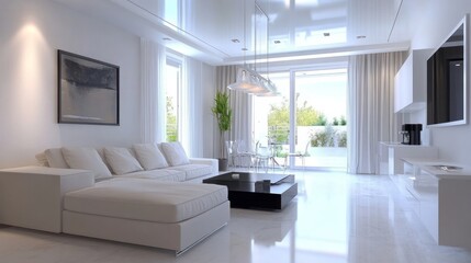 Modern White Living Room with Sectional Sofa and Balcony View