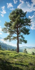 Fototapeta premium A majestic pine tree stands tall amidst lush green grass and a vibrant sky, showcasing nature's beauty in a serene landscape.