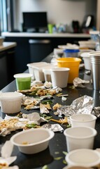 Dirty kitchen table with leftover food and containers.