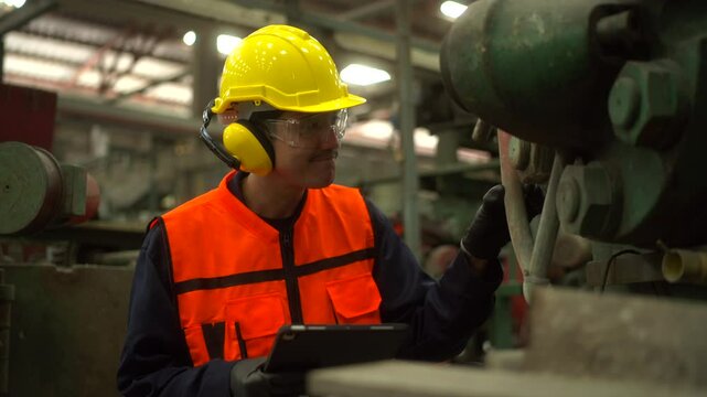 Professional technician man with safety helmet analyzing and maintenance with tablet in factory warehouse. Asian technician factory inspection and control machine in industry factory.