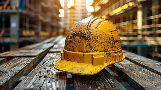 Amidst scaffolding, a dirty yellow hardhat represents safety equipment on-site.