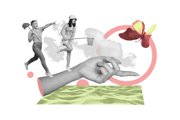 Photo collage two funky female girlfriends have fun catching butterflies together jumping green park field nature picture background