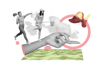 Photo collage two funky female girlfriends have fun catching butterflies together jumping green park field nature picture background