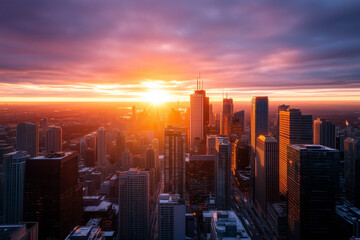 Fototapeta premium Golden Sunrise Over Modern City Skyline