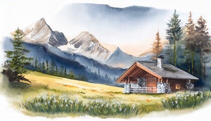 Small rustic cabin in the Alps. Watercolor landscape of wood hut in the alpine foothills on meadow with wildflowers. Calm, serenity summer in mountain.
