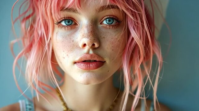 In a gorgeous portrait, a young woman exudes sensuality with pink dyed hair and glamorous makeup.