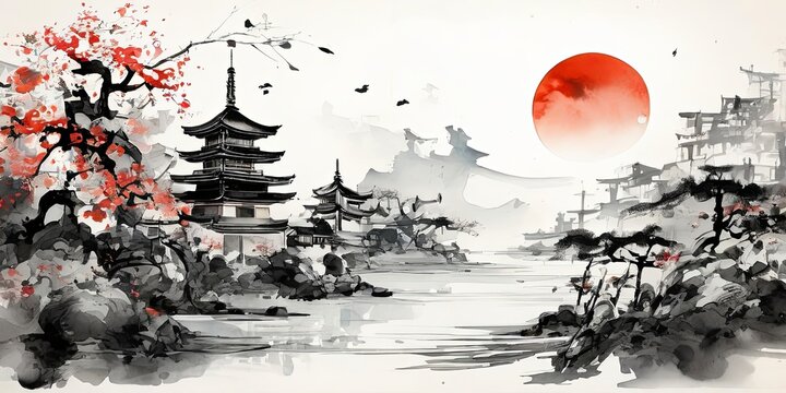 A painting of a Japanese landscape with a red sun in the sky