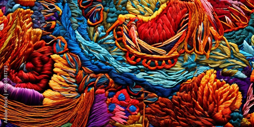 Poster a colorful embroidered piece of fabric with a variety of colors and patterns