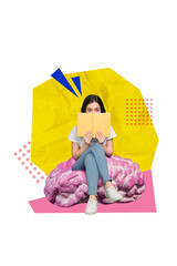 Poster banner collage of nerd geek student lady reading book personal development brain learning...