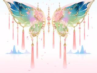 s a butterfly with a colorful pattern and gold accents, set against a pink and blue gradient background and surrounded by falling pink and gold petals and pink streamers.