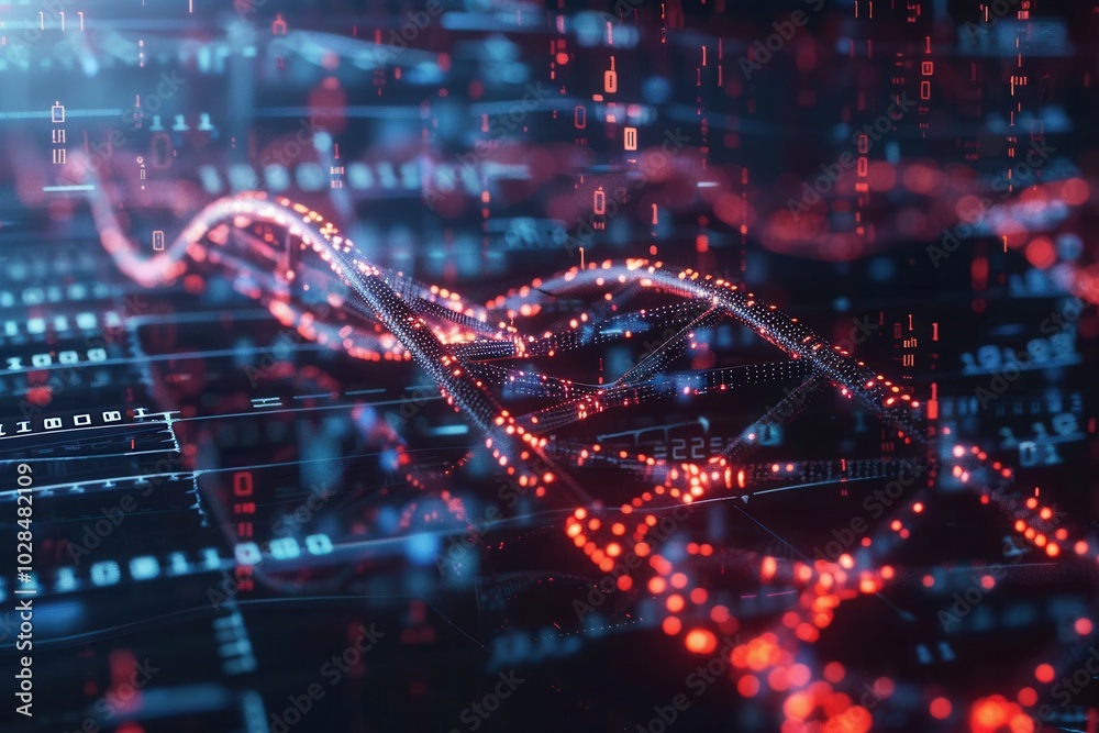Poster A vivid 3D representation of a DNA strand enhanced with digital data streams and binary code, showcasing the fusion of biology and technology. Generative AI