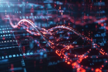 A vivid 3D representation of a DNA strand enhanced with digital data streams and binary code, showcasing the fusion of biology and technology. Generative AI