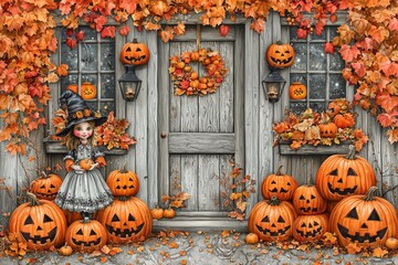 Obraz premium A whimsical young girl in a witch costume stands by a rustic door adorned with autumn leaves and pumpkins.