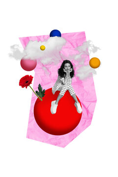 Fototapeta Artwork unusual template collage of dreamy young lady dreaming magic mysterious world flying circle planets