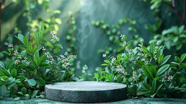 An empty stone podium surrounded by lush greenery and blooming flowers, set in a tranquil outdoor garden.