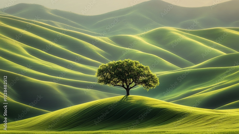 Wall mural photo, a solitary tree stands on a lush green hill, surrounded by rolling fields, soft sunlight illu