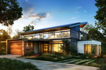 Obraz premium A modern, eco-friendly home with large windows, surrounded by lush greenery at sunset, featuring sleek architectural lines.