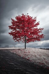 A striking red tree stands alone on a grassy knoll under a moody gray sky.