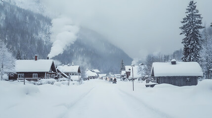 A snowmobile convoy passing through a quiet mountain village covered in deep snow with smoke rising from chimneys.