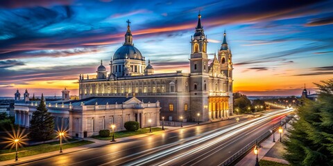 Obraz premium Captivating long exposure of Madrid's Almudena Cathedral, showcasing a breathtaking night scene complemented by enchanting star trails dancing across the sky. A visual masterpiece.