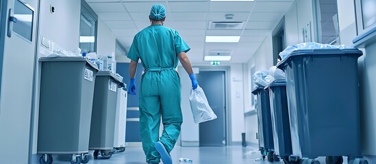 Contemporary hospital scene with a healthcare worker managing medical waste.