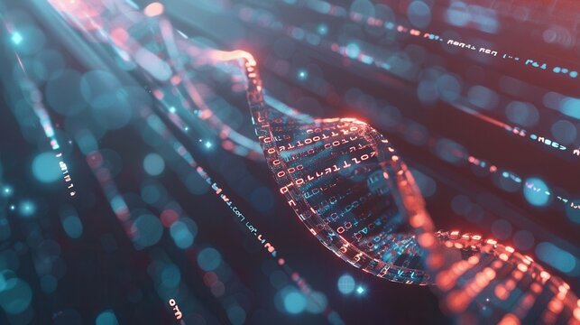 The striking 3D DNA strand showcases intertwined binary code and data streams, highlighting advanced genetic information processing. Generative AI - Powered by Adobe