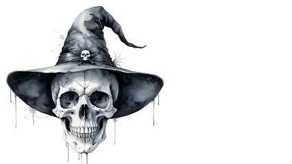 A Skeletal Witch's Hat: A haunting watercolor painting of a skull adorned with a witch's hat. Halloween. Drawing. Art. Illustration. Copy Space. 3