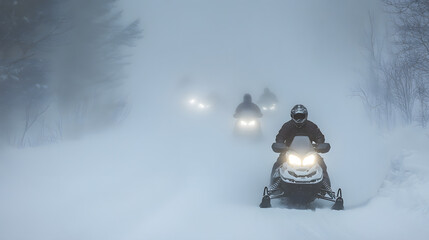 A snowmobile convoy riding through a snowstorm with visibility reduced and the trail barely visible ahead.