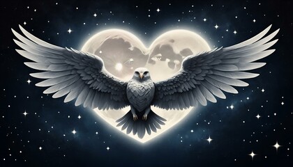 Fototapeta premium Majestic owl with outstretched wings flying through a heart-shaped moonlit sky, mystical scene