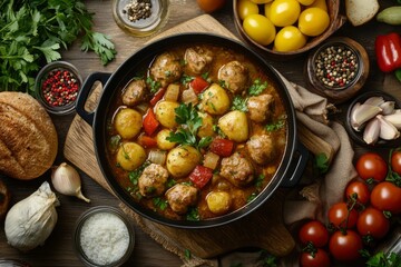 A hearty, rustic meatball stew with vegetables, garnished with fresh herbs, on a wooden surface surrounded by ingredients.