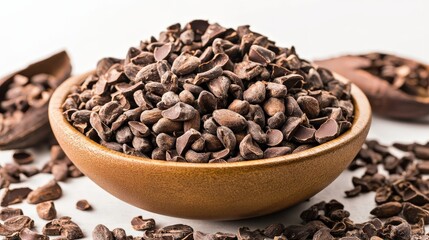 Obraz premium Cacao Nibs. Organic Cocoa Chips Heap in Natural Brown Bowl Closeup