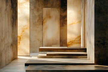 A serene modern interior with warm golden hues and minimalistic pillars casting soft shadows.