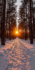 A serene winter scene showcasing a sunset filtering through snowy pine trees, casting warm rays on the trail.