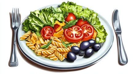 Camping Meal. Fresh Lettuce and Pasta Salad with Tomatoes and Grated Cheese on Plate